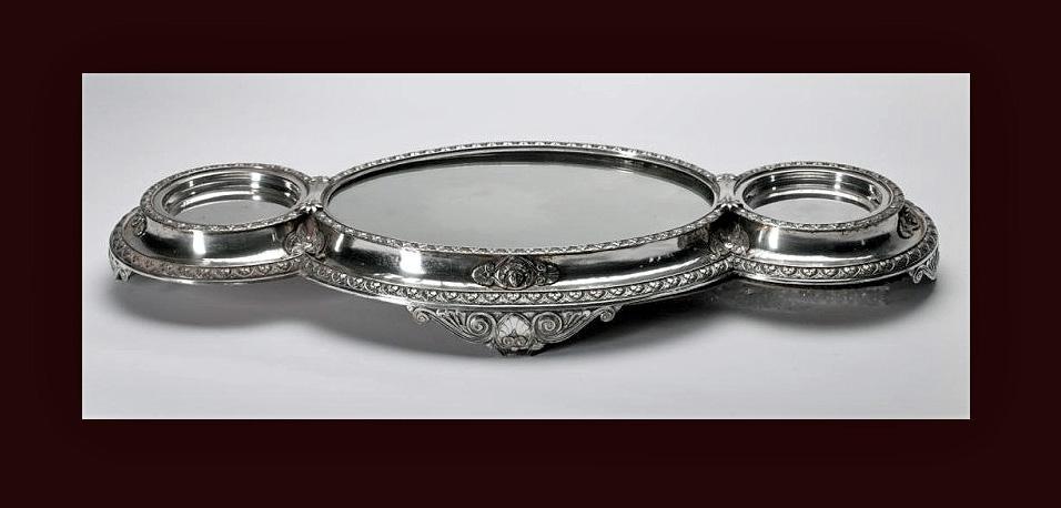 Elkington centerpiece mirror plateau bottle stand, England 1869.