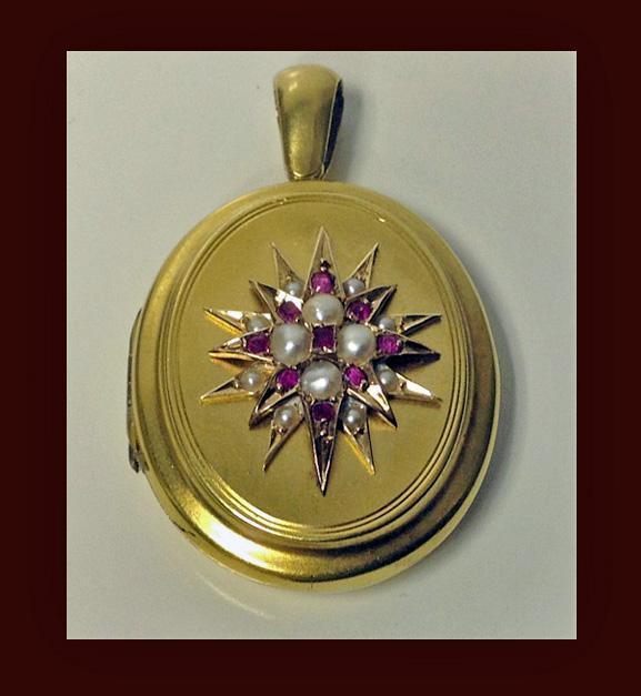 Antique Locket, 18K Ruby and Pearl, English, C.1875.