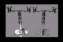 Archibald Knox Liberty Pewter and Enamel Candelabra, English C. 1902-1905