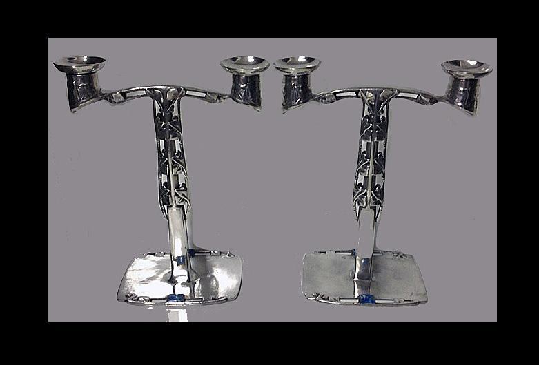 Archibald Knox Liberty Pewter and Enamel Candelabra, English C. 1902-1905
