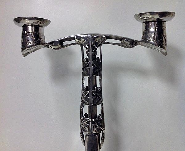 Archibald Knox Liberty Pewter and Enamel Candelabra, English C. 1902-1905