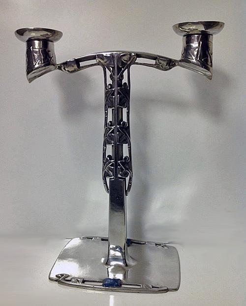 Archibald Knox Liberty Pewter and Enamel Candelabra, English C. 1902-1905