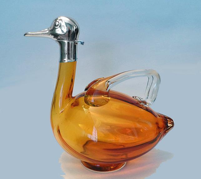 Glass and Silver Plate Duck Claret Jug, Austria C.1940 Altman New York.