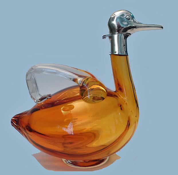Glass and Silver Plate Duck Claret Jug, Austria C.1940 Altman New York.