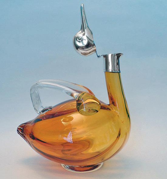 Glass and Silver Plate Duck Claret Jug, Austria C.1940 Altman New York.