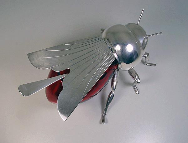 Rare English Silver plate and Ruby Glass Bee Honey Pot, C.1910