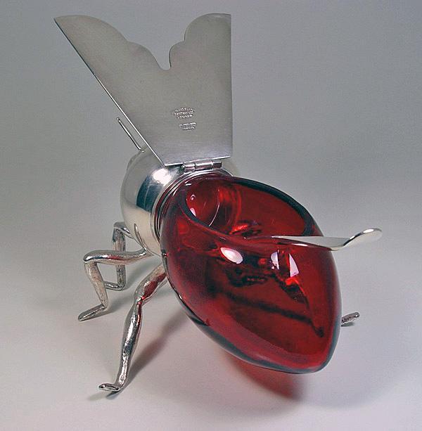 Rare English Silver plate and Ruby Glass Bee Honey Pot, C.1910