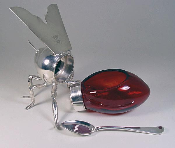 Rare English Silver plate and Ruby Glass Bee Honey Pot, C.1910