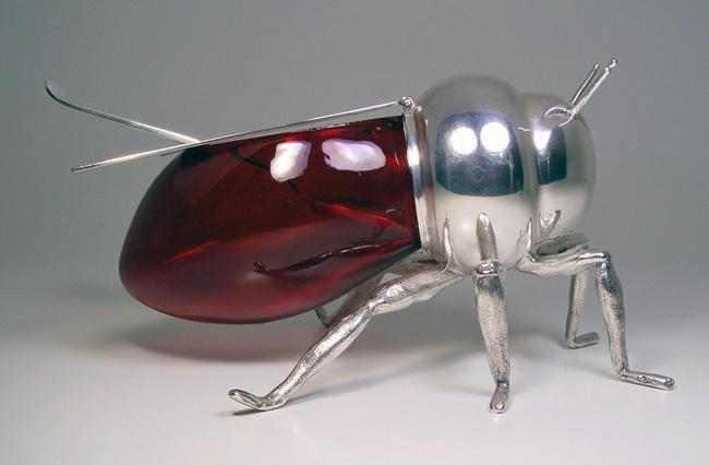 Rare English Silver plate and Ruby Glass Bee Honey Pot, C.1910