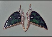 Pair of fine carved jade and diamond, 18K butterfly Earrings