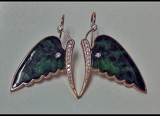 Pair of fine carved jade and diamond, 18K butterfly Earrings