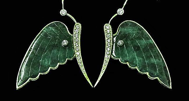 Pair of fine carved jade and diamond, 18K butterfly Earrings