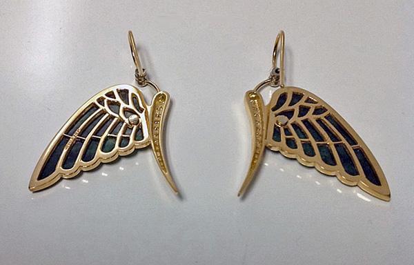 Pair of fine carved jade and diamond, 18K butterfly Earrings