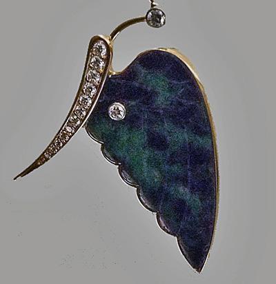 Pair of fine carved jade and diamond, 18K butterfly Earrings