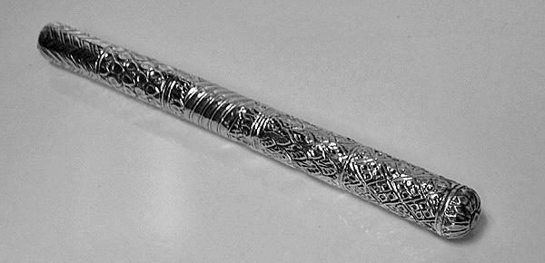 Unusual handmade silver Shaman ceremonial rattle baton, early 20th century.