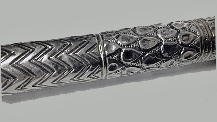 Unusual handmade silver Shaman ceremonial rattle baton, early 20th century.