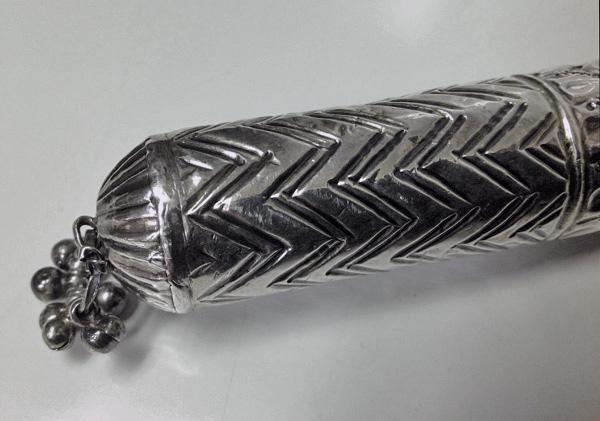 Unusual handmade silver Shaman ceremonial rattle baton, early 20th century.