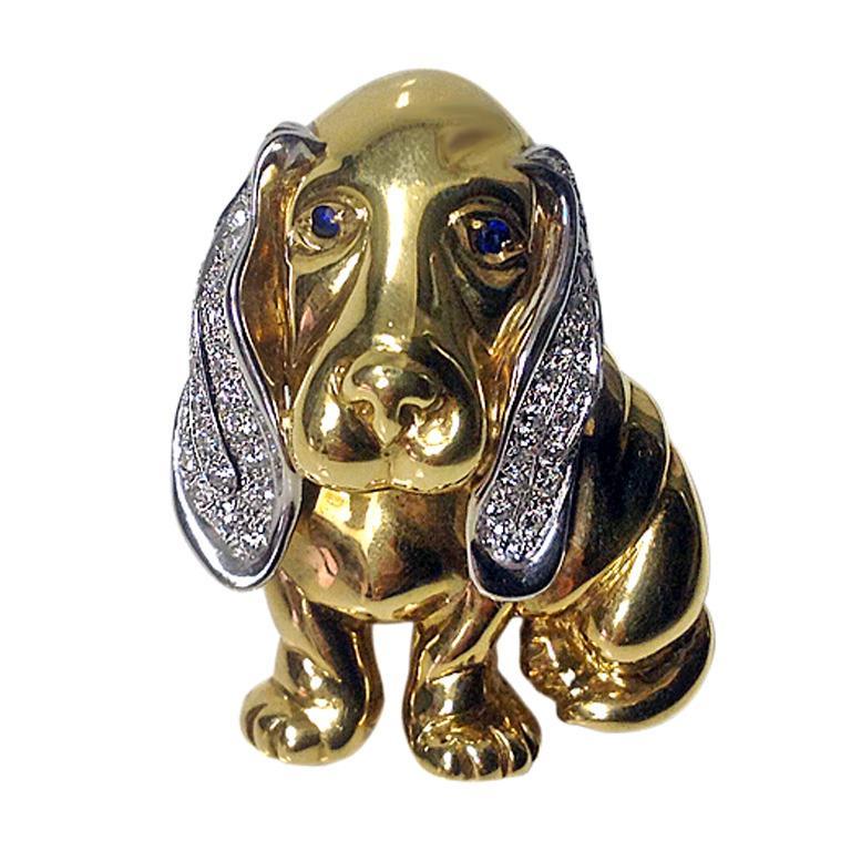 18K Diamond Basset Hound Brooch, Italian 20th century.