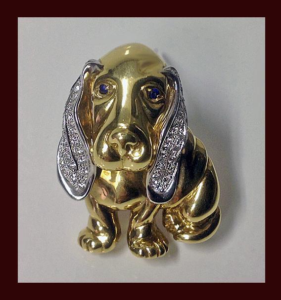 18K Diamond Basset Hound Brooch, Italian 20th century.