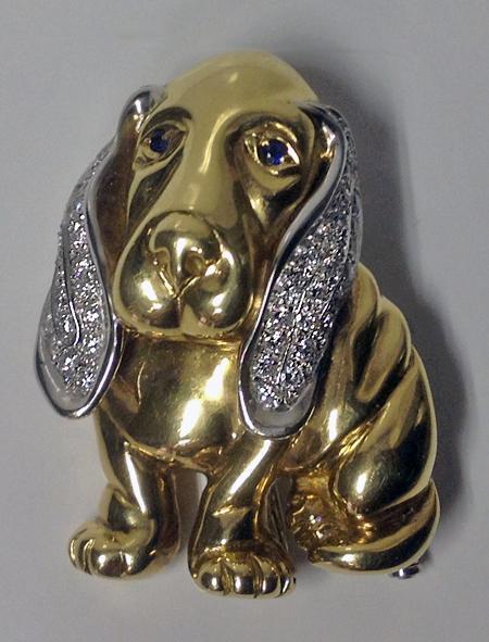 18K Diamond Basset Hound Brooch, Italian 20th century.