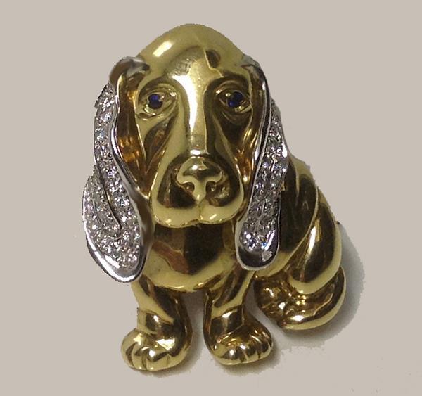 18K Diamond Basset Hound Brooch, Italian 20th century.