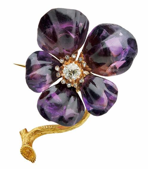 French Carved Amethyst Diamond Flower Brooch C.1880