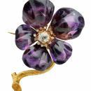 French Carved Amethyst Diamond Flower Brooch C.1880