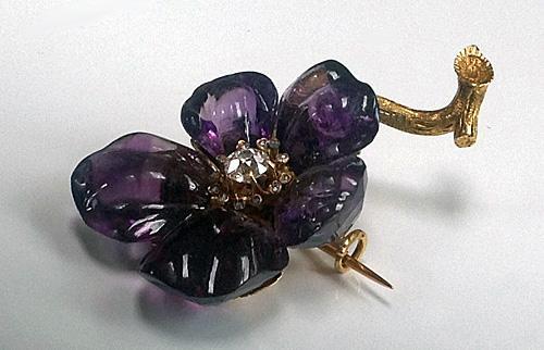 French Carved Amethyst Diamond Flower Brooch C.1880