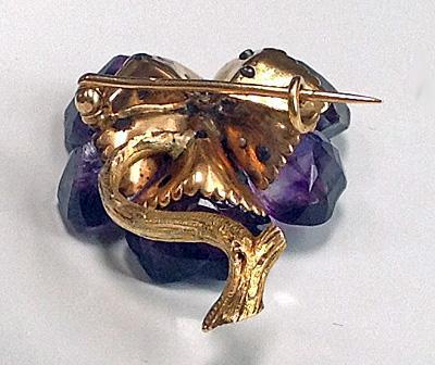 French Carved Amethyst Diamond Flower Brooch C.1880