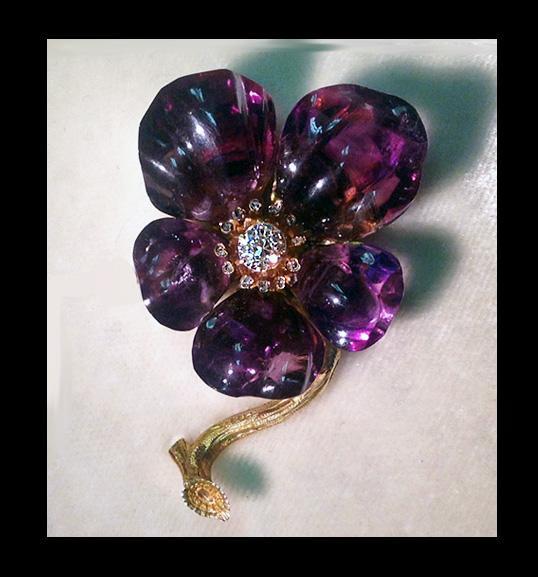 French Carved Amethyst Diamond Flower Brooch C.1880