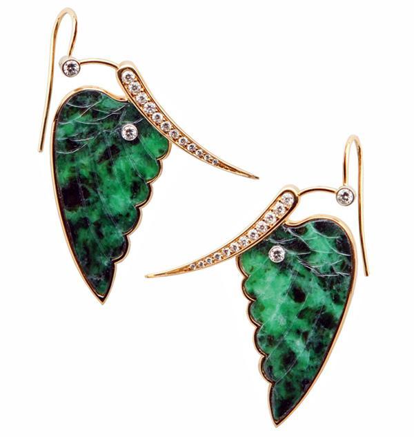 Pair of fine carved jade and diamond, 18K butterfly Earrings