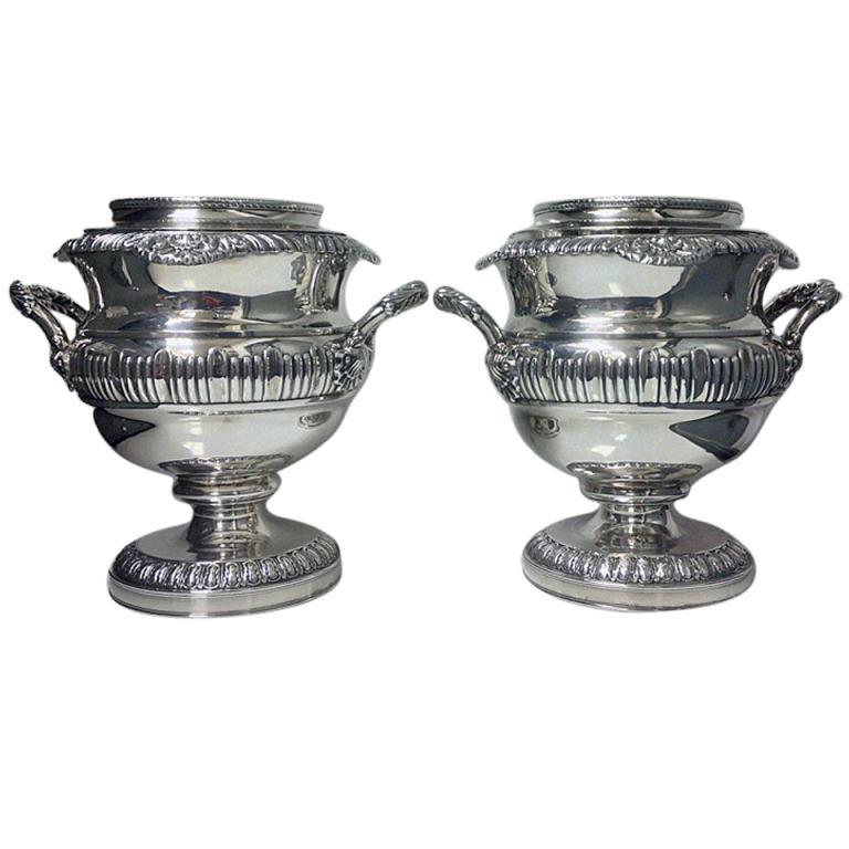 Fine Pair of Antique Georgian Old Sheffield Plate Wine Coolers, English, C.1815.