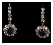 Pair Antique Sapphire, Diamond 18K Earrings, English C.1870