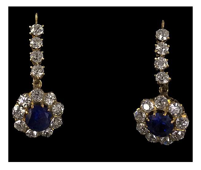 Pair Antique Sapphire, Diamond 18K Earrings, English C.1870