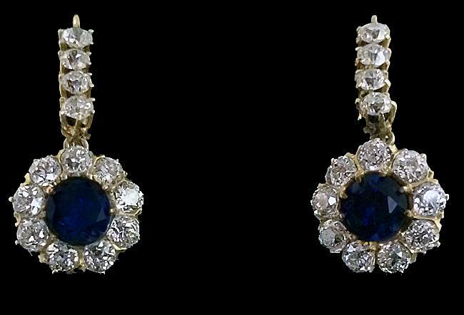 Pair Antique Sapphire, Diamond 18K Earrings, English C.1870