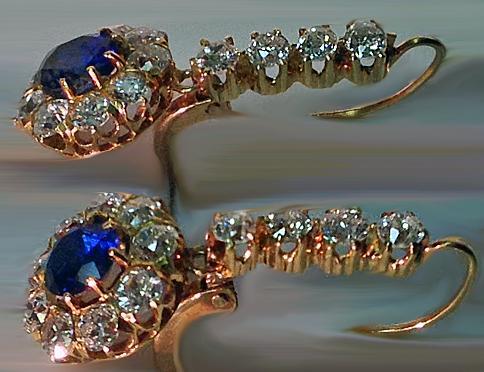 Pair Antique Sapphire, Diamond 18K Earrings, English C.1870