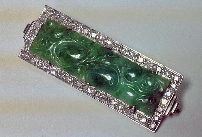 18K carved Jade and Diamond Brooch.