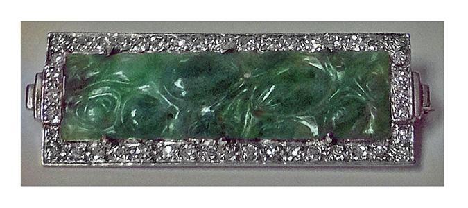18K carved Jade and Diamond Brooch.