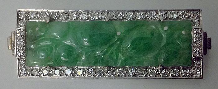 18K carved Jade and Diamond Brooch.