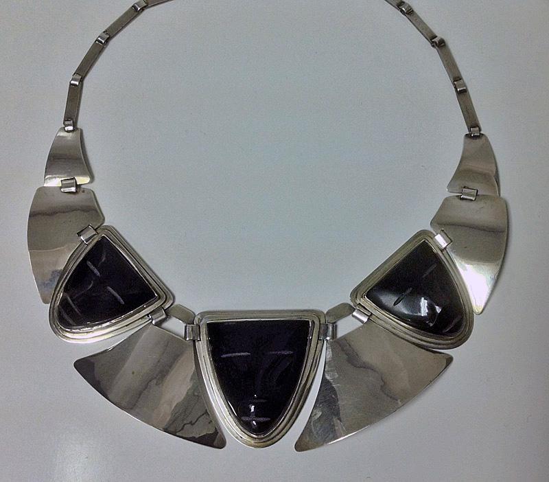 Fred Davis sterling obsidian mask Necklace, C.1930