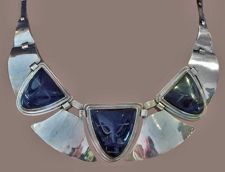 Fred Davis sterling obsidian mask Necklace, C.1930