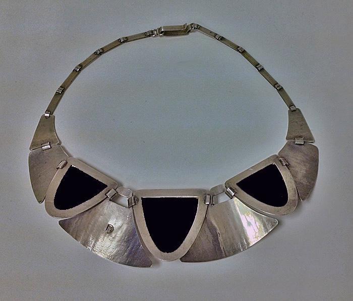 Fred Davis sterling obsidian mask Necklace, C.1930