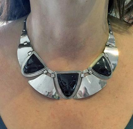 Fred Davis sterling obsidian mask Necklace, C.1930