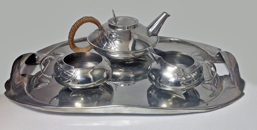 Archibald Knox Liberty Tudric pewter tea set, C.1905.