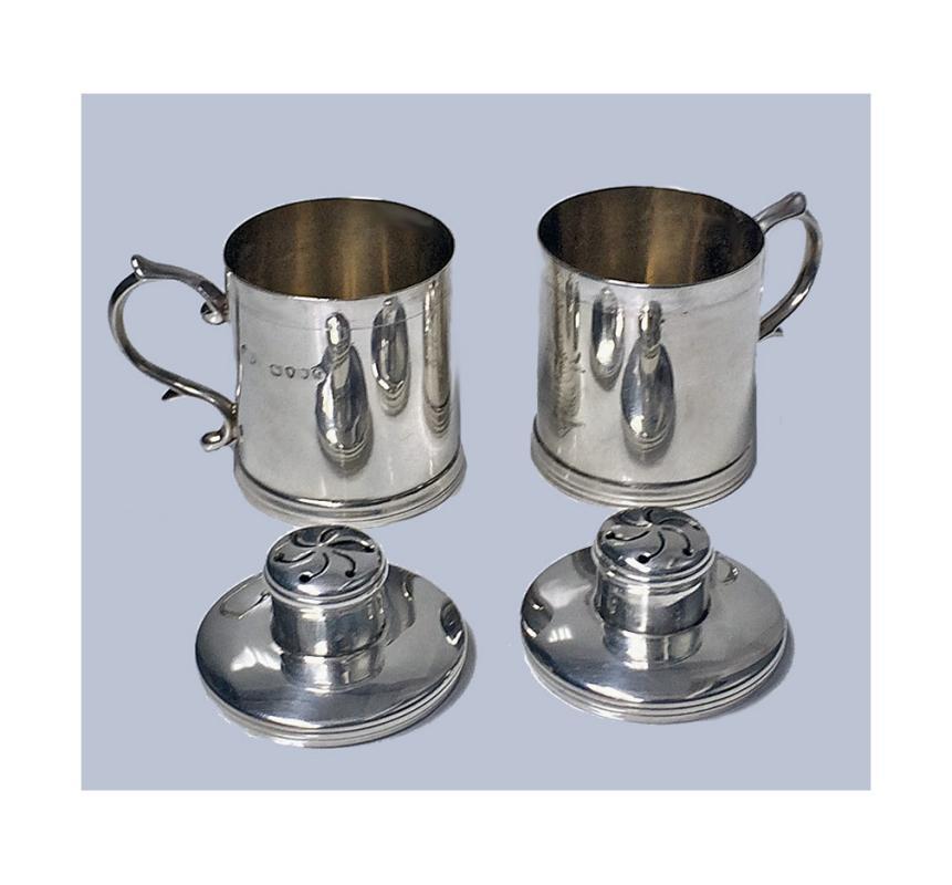 Unusual Miniature Tankard peppers Casters, London 1885, Martin Goldstein
