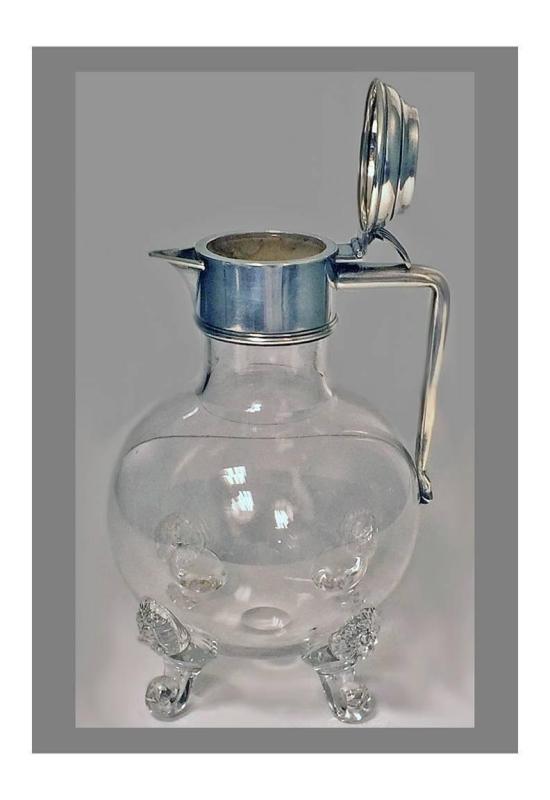 Rare Antique English Silver Glass Whisky Water Jug, London 1881 M.Goldstein