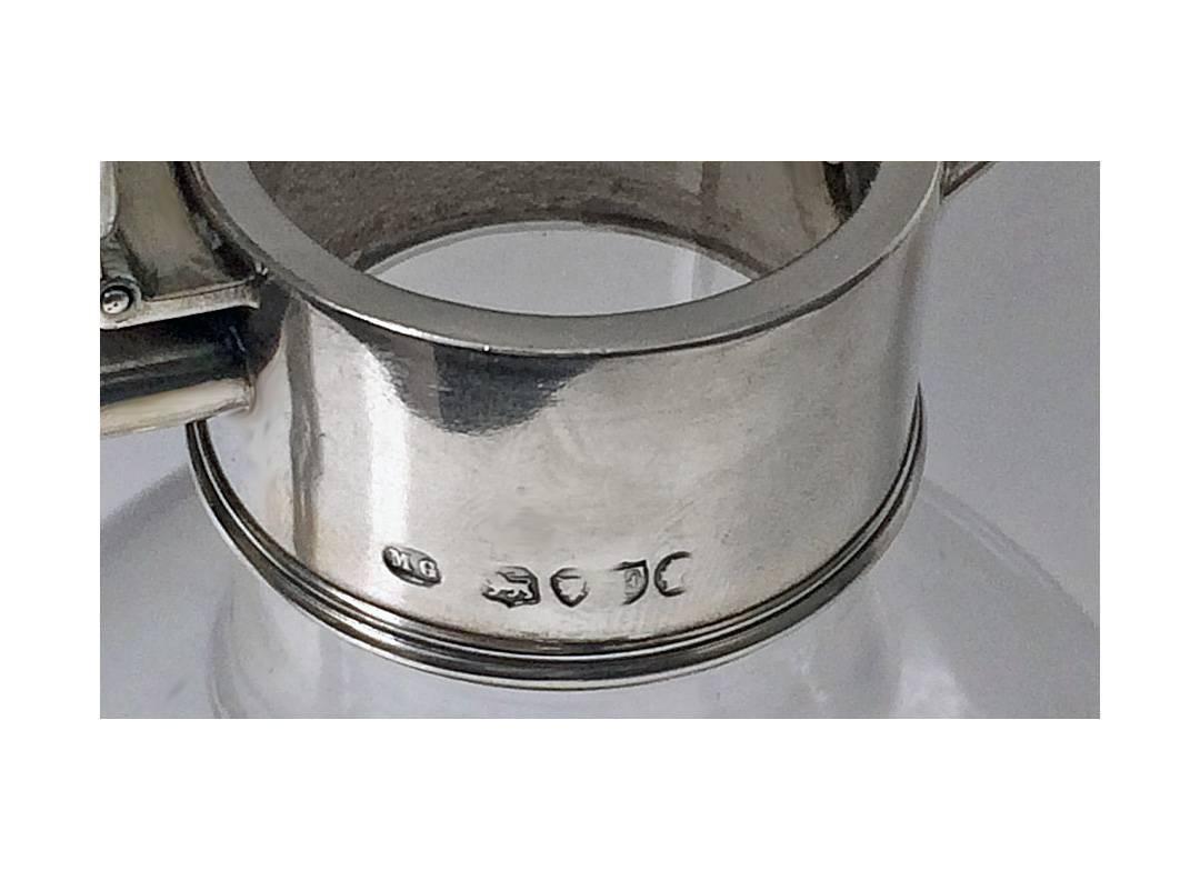 Rare Antique English Silver Glass Whisky Water Jug, London 1881 M.Goldstein
