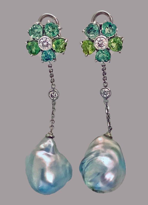 18K Baroque Pearl Diamond Green Sapphire Drop Earrings