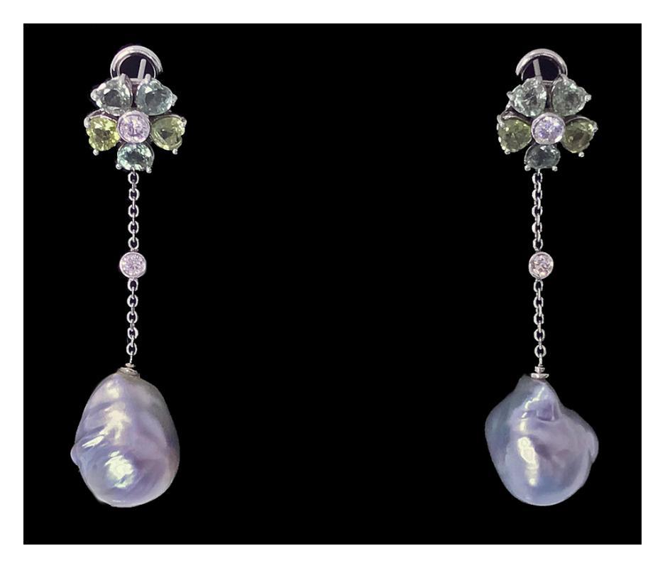 18K Baroque Pearl Diamond Green Sapphire Drop Earrings