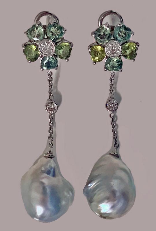 18K Baroque Pearl Diamond Green Sapphire Drop Earrings